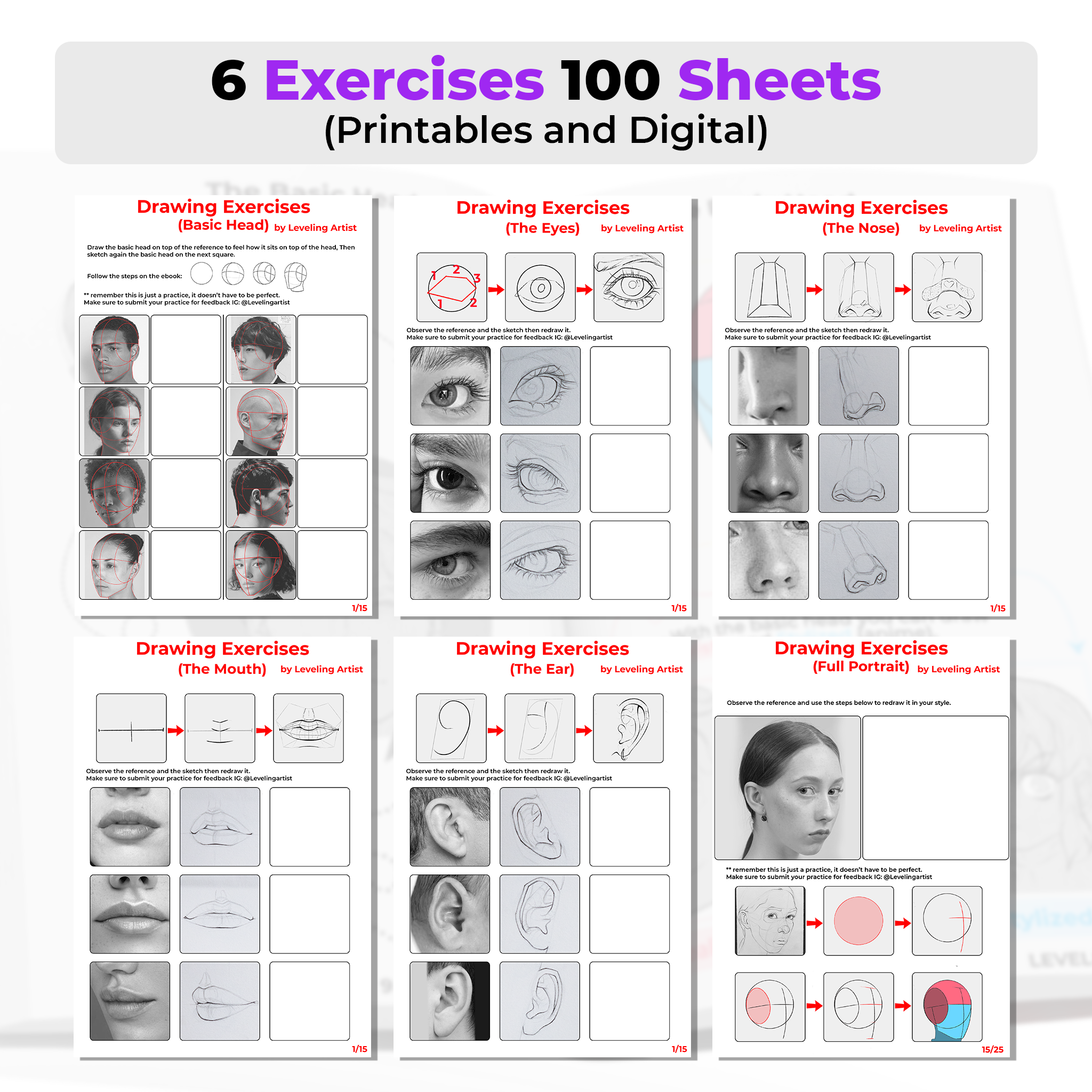 Portrait Drawing Exercises for Beginners – 100 Printable Practice ...